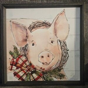Christmas Pig Wall Art Framed Plaid Bow‎ Country Farmhouse Decor Holiday